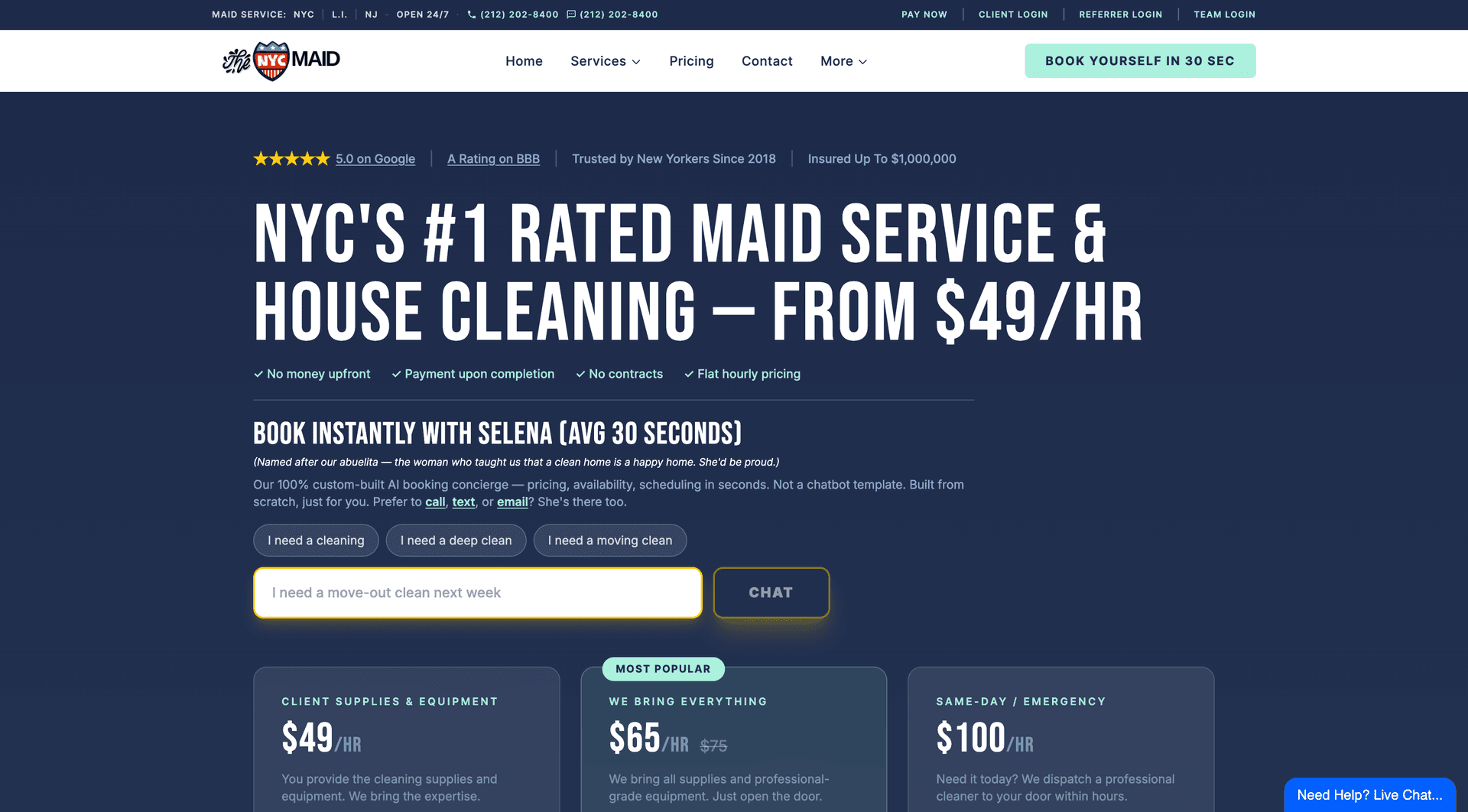 Selena AI booking concierge live on The NYC Maid — built by Full Loop CRM in partnership with The NYC Marketing Company